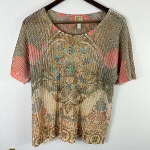 JM Collection Mesh Knit Top Womens Small Beige Sequin Earthy Boho Artsy Layering
